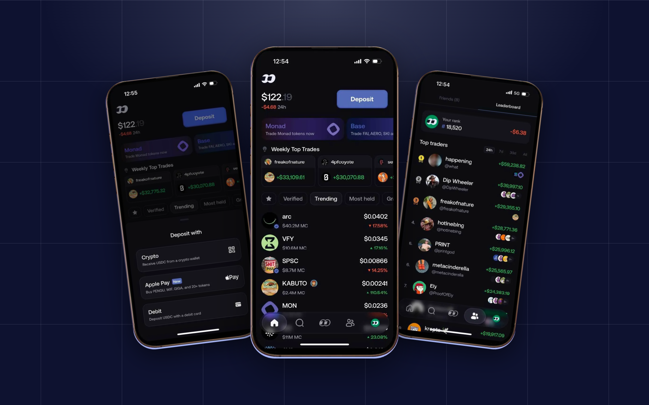 The fomo app: deposits, the trading home screen, and the trader leaderboard